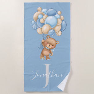 Teddy Bear Blue Balloons beach towel for kids 