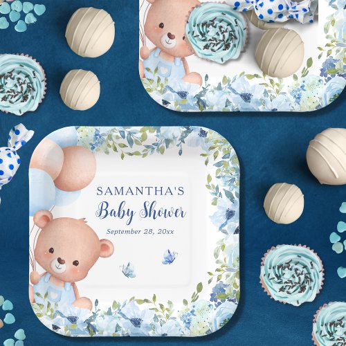 Teddy Bear Blue Balloons Bearly Wait Baby Shower Paper Plates