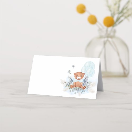 Teddy Bear Blue Balloons Bearly Wait Baby Shower Place Card