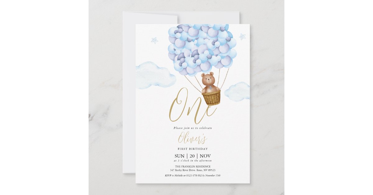 Teddy Bear Blue Balloons Birthday Party Invitation | Zazzle