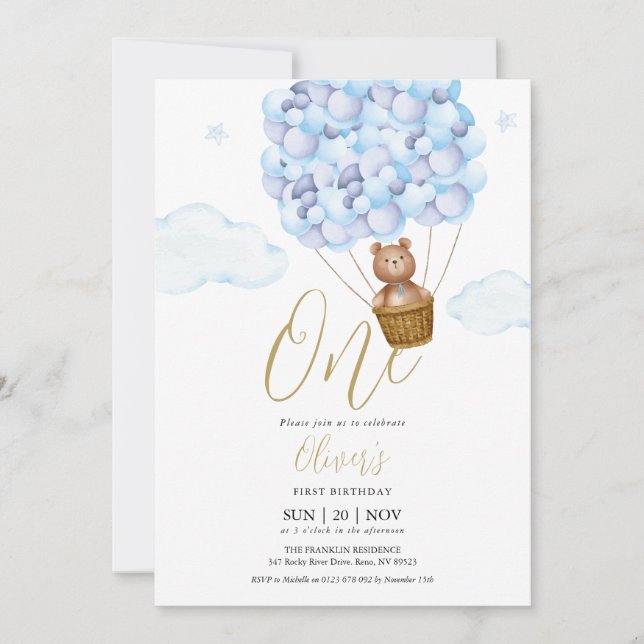 Teddy Bear Blue Balloons Birthday Party Invitation (Front)