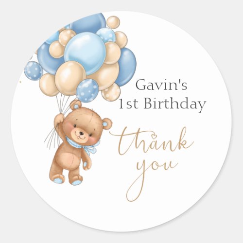 Teddy Bear Blue Balloons Birthday Thank You Classic Round Sticker