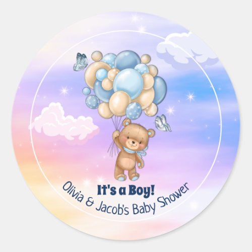 Teddy Bear Blue Balloons Boy Baby Shower Classic Round Sticker