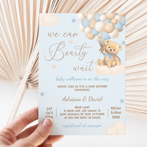 Teddy Bear Blue Balloons Boy Baby Shower Invitation