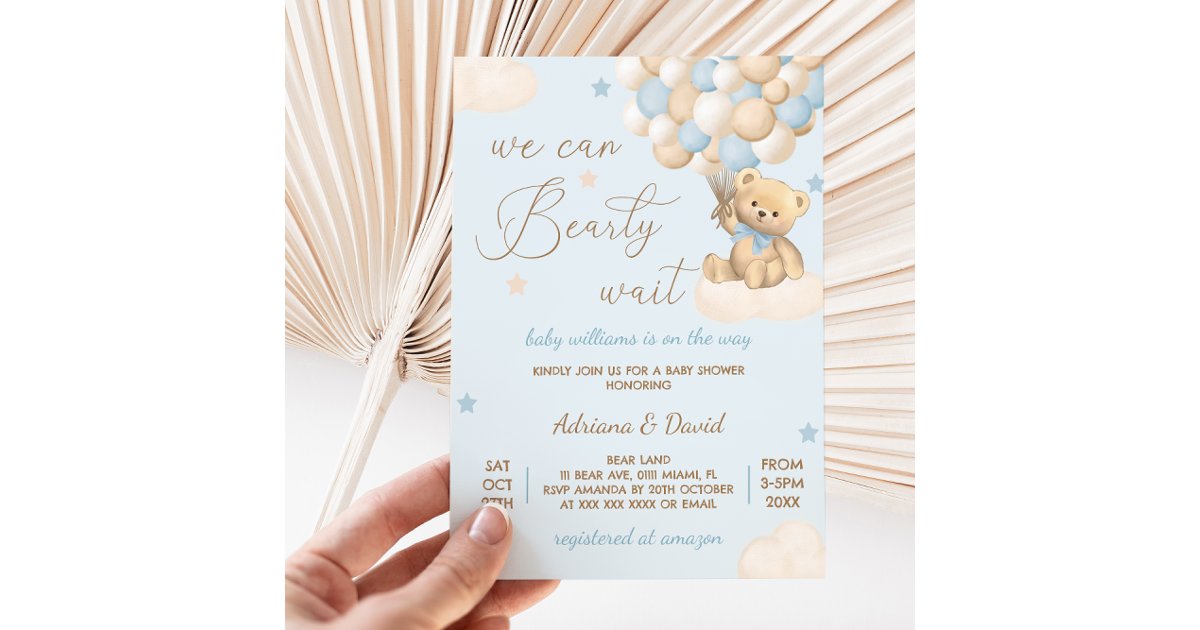 Teddy Bear Blue Balloons Boy Baby Shower Invitation | Zazzle