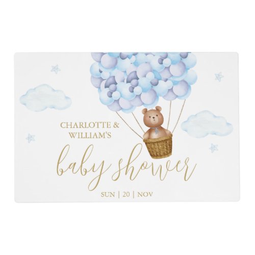 Teddy Bear Blue Balloons Boy Baby Shower Placemat