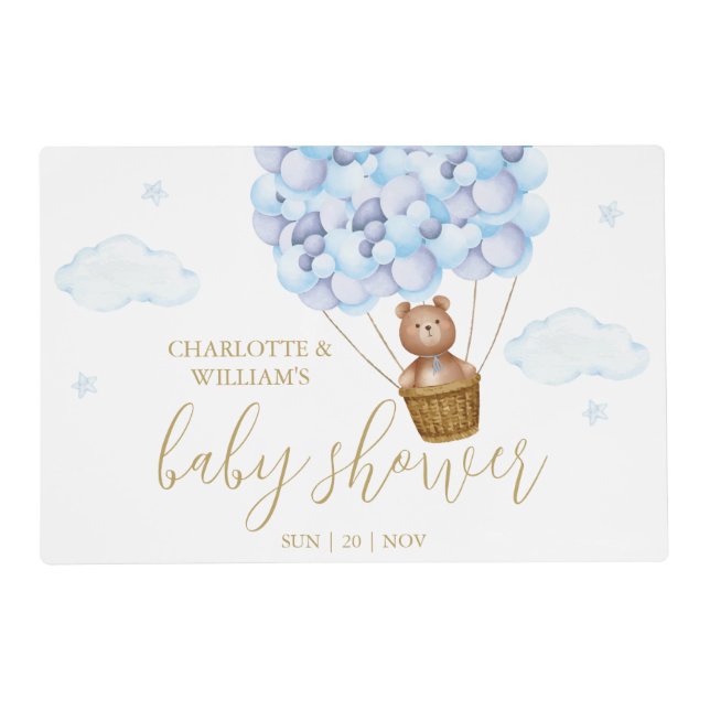 Teddy Bear Blue Balloons Boy Baby Shower Placemat (Front)