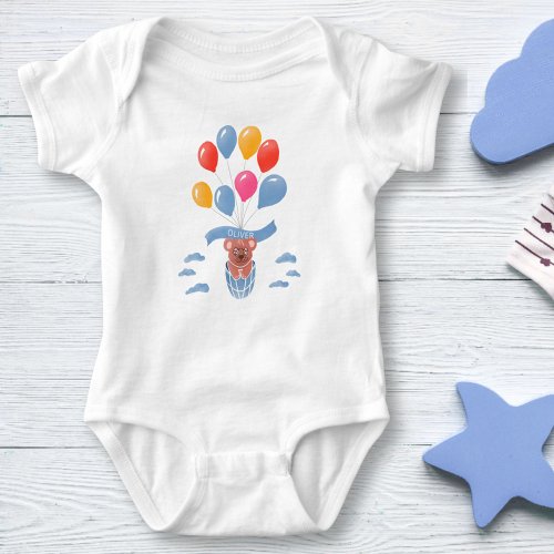 Teddy Bear Blue Balloons Boy Name Baby Bodysuit