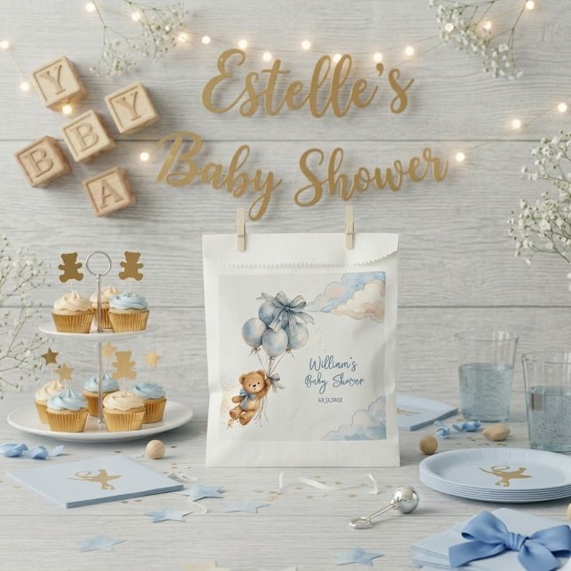 Teddy Bear Blue Balloons Clouds Baby Boy Favor Bag (Creator Uploaded)