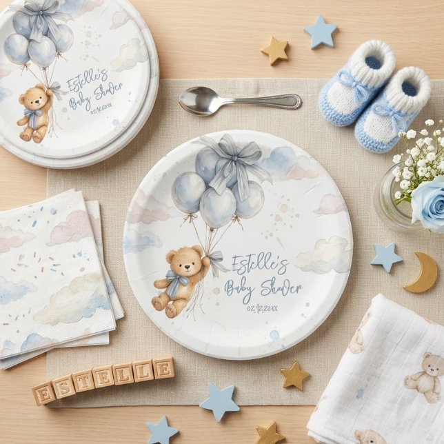  Teddy Bear Blue Balloons Clouds Baby Boy Paper Plates (Creator Uploaded)