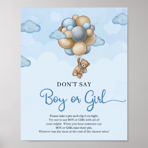 Teddy bear blue balloons Dont Say BOY or GIRL Poster