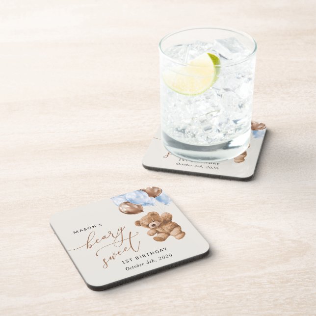 Teddy Bear, Blue Balloons, First Birthday Beverage Coaster (Right Side)