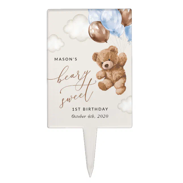 Teddy Bear, Blue Balloons, First Birthday Cake Topper | Zazzle