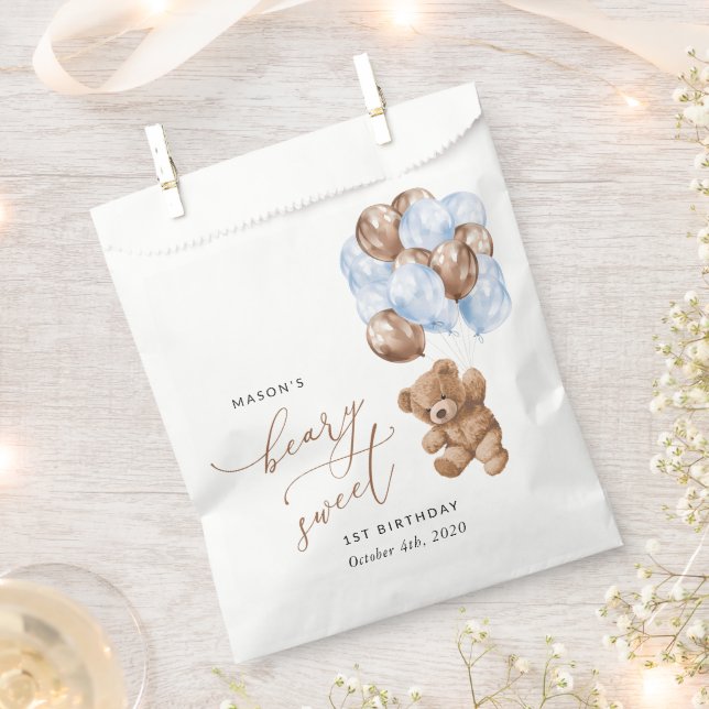 Teddy Bear, Blue Balloons, First Birthday Favor Bag (Clipped)