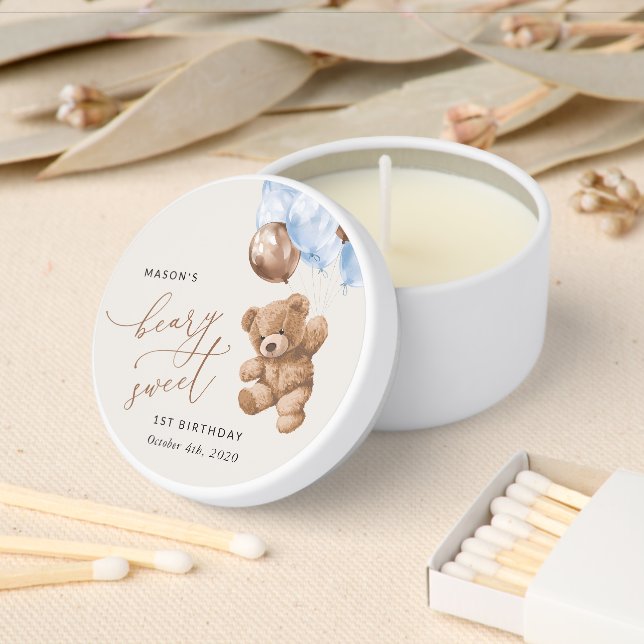 Teddy Bear, Blue Balloons, First Birthday Mini Candle Favors (Insitu)