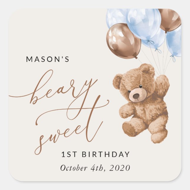 Teddy Bear, Blue Balloons, First Birthday Square Sticker (Front)