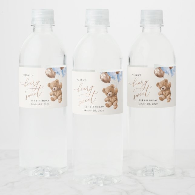 Teddy Bear, Blue Balloons, First Birthday Water Bottle Label (Bottles)