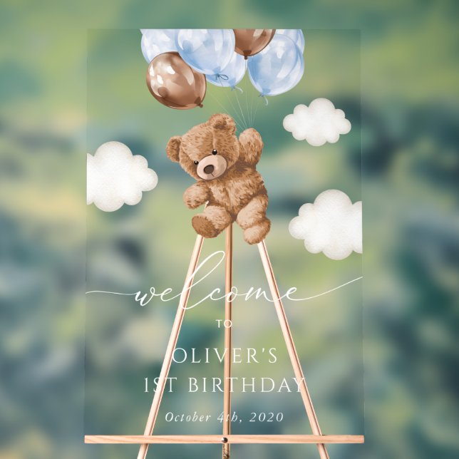 Teddy Bear, Blue Balloons, First Birthday Welcome Acrylic Sign (Neutral)