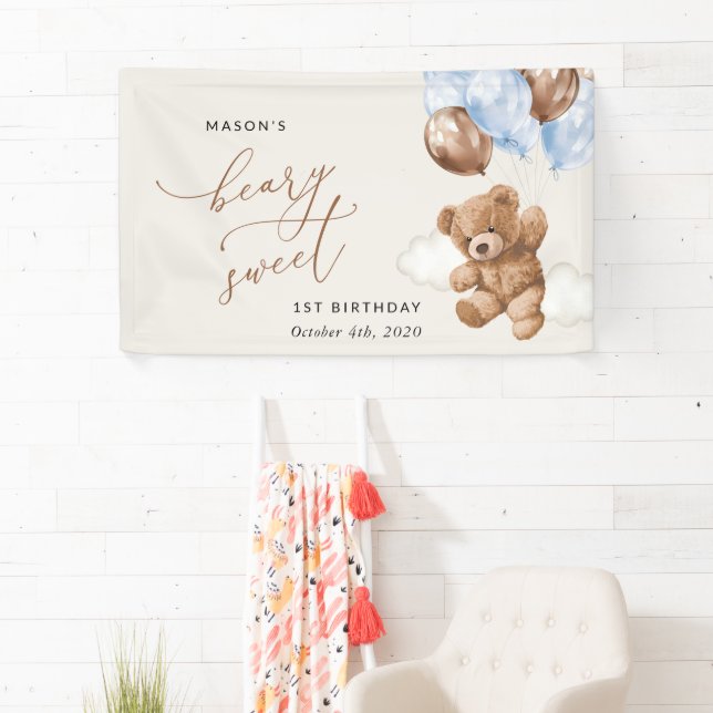 Teddy Bear, Blue Balloons, First Birthday Welcome Banner (Insitu)