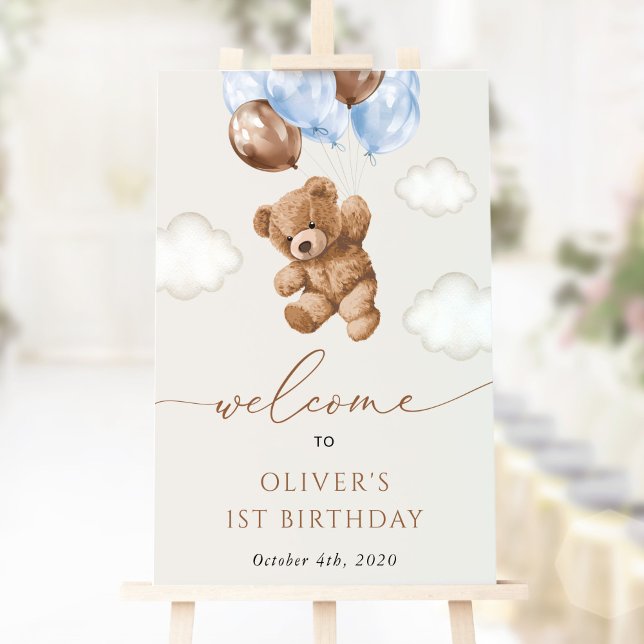 Teddy Bear, Blue Balloons, First Birthday Welcome Foam Board (Creator Uploaded)