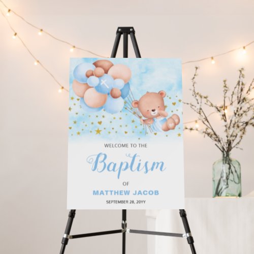 Teddy Bear Blue Balloons Gold Baptism Welcome Sign