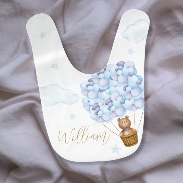 Teddy Bear Blue Balloons Gold Script Baby Bib (Teddy Bear Blue Balloons Gold Script Baby Bib)