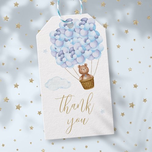 Teddy Bear Blue Balloons Gold Script Thank You Gift Tags