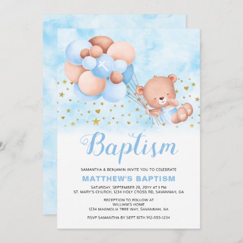 Teddy Bear Blue Balloons Gold Stars Baptism Invitation