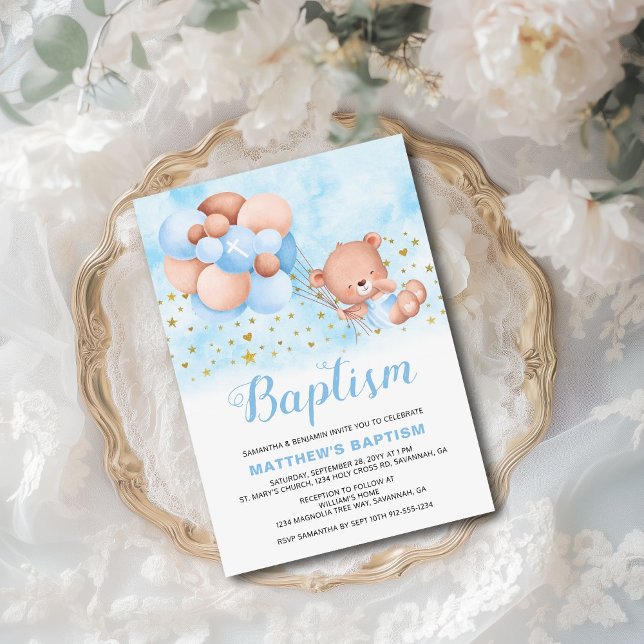 Teddy Bear Blue Balloons Gold Stars Baptism Invitation (This cute baptism invite for boys features an adorable teddy bear being whisked away by balloons.)