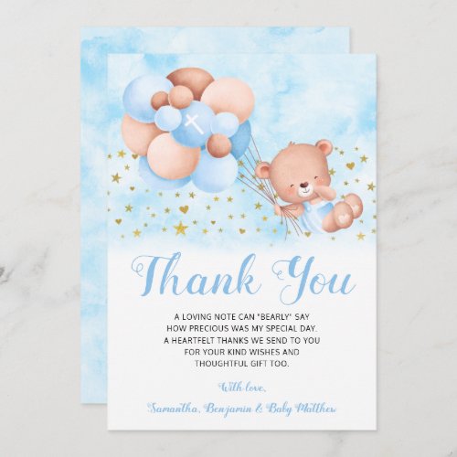 Teddy Bear Blue Balloons Gold Stars Baptism Thank You Card