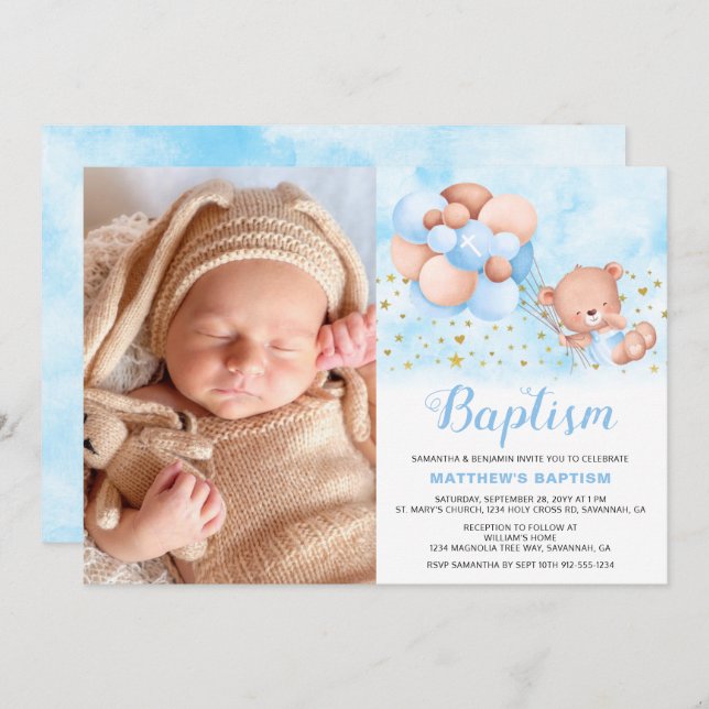 Teddy Bear Blue Balloons Gold Stars Photo Baptism Invitation (Front/Back)