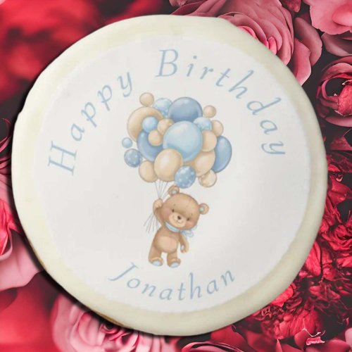 Teddy Bear Blue Balloons Happy Birthday Sugar Cookie