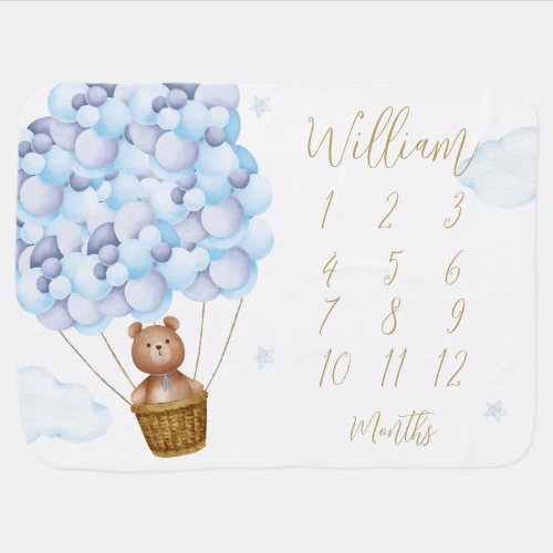 Teddy Bear Blue Balloons Milestone Baby Blanket