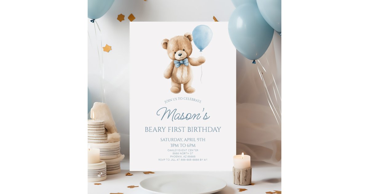 Teddy Bear Blue Beary First 1st Birthday Party Invitation | Zazzle