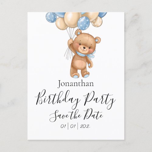 Teddy Bear Blue Birthday Party Save the Date  Postcard