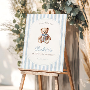 Teddy Bear Blue Birthday Welcome Sign