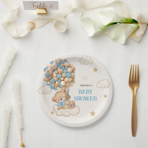 Teddy Bear Blue Boho Ivory Baby Shower Paper Plates