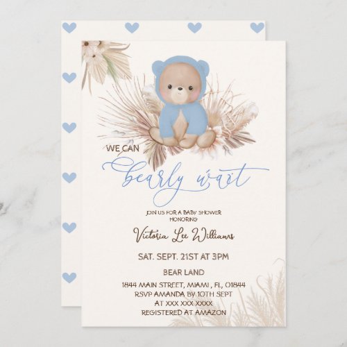 Teddy Bear Blue Boho Pampas Boy Baby Shower  Invitation