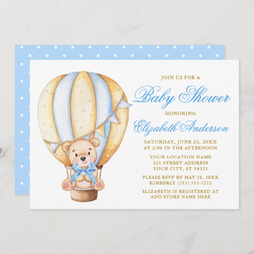 Teddy Bear Blue Bow Air Balloon Dots Baby Shower Invitation