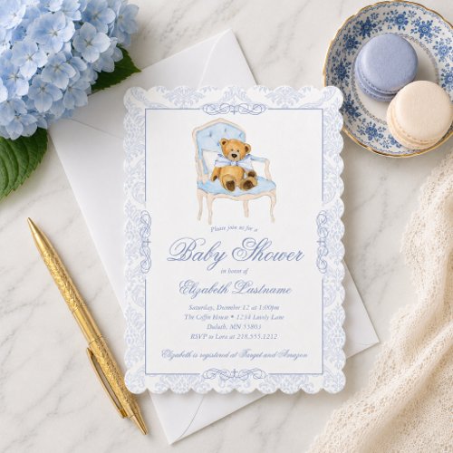 Teddy Bear Blue Bow Baby Shower Invitation