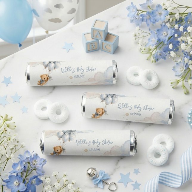 Teddy Bear Blue Bow Balloons Clouds Baby Boy Breath Savers® Mints (Creator Uploaded)