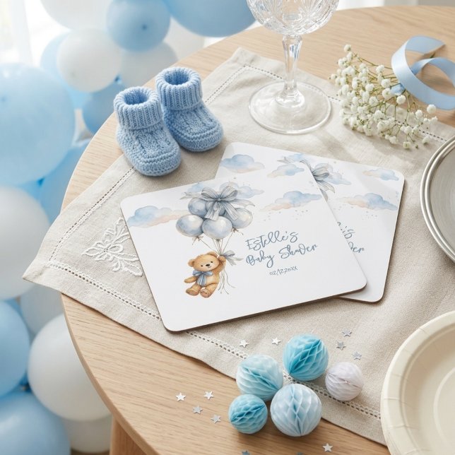 Teddy Bear Blue Bow Balloons Clouds Baby Boy Square Paper Coaster (Creator Uploaded)
