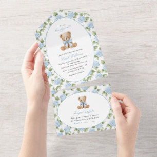 Teddy Bear, Blue Bow, Blue Flowers, Baby Shower All In One Invitation