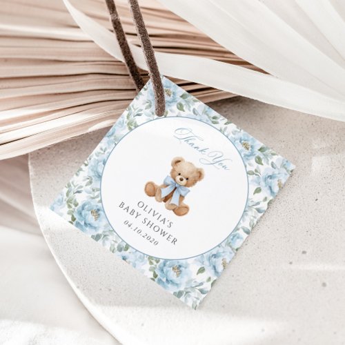 Teddy Bear, Blue Bow, Blue Flowers, Baby Shower Favor Tags