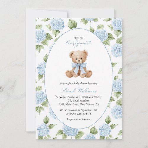 Teddy Bear, Blue Bow, Blue Flowers, Baby Shower Invitation