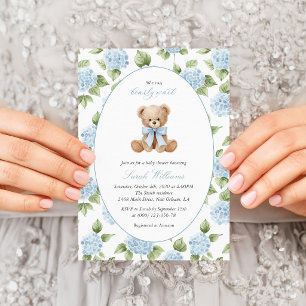 Teddy Bear, Blue Bow, Blue Flowers, Baby Shower Invitation