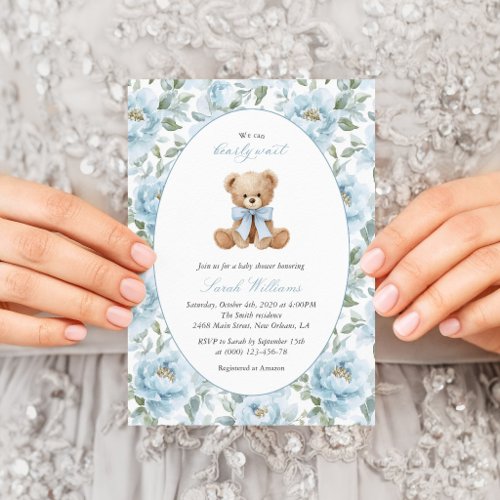 Teddy Bear, Blue Bow, Blue Flowers, Baby Shower Invitation