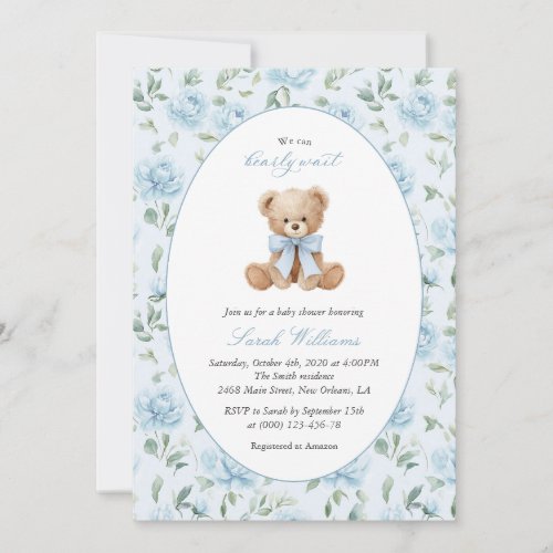 Teddy Bear, Blue Bow, Blue Flowers, Baby Shower Invitation