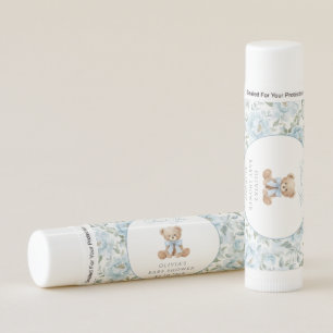 Teddy Bear, Blue Bow, Blue Flowers, Baby Shower Lip Balm