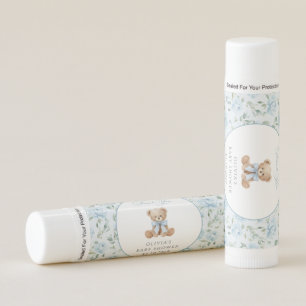 Teddy Bear, Blue Bow, Blue Flowers, Baby Shower Lip Balm